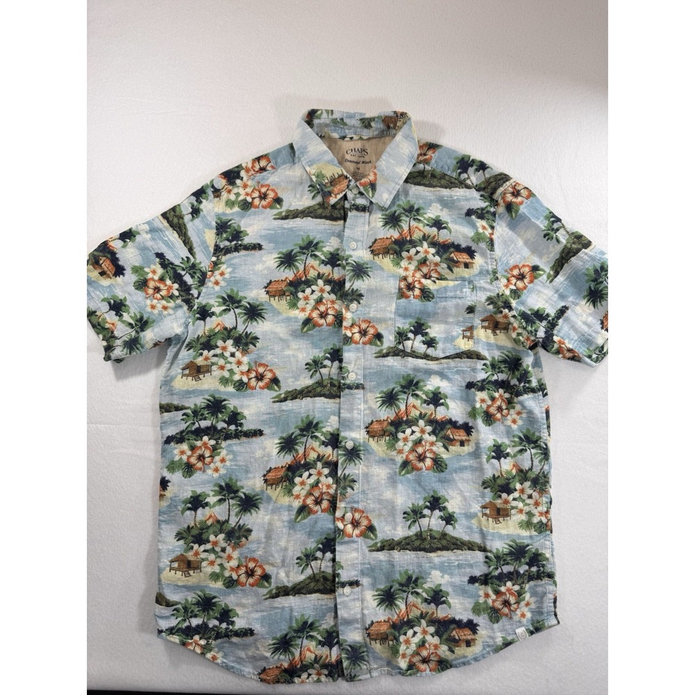 Chaps Seacoast Wash Mens Medium Hawaiian Button Up Shirt Linen Rayon Blend Beach